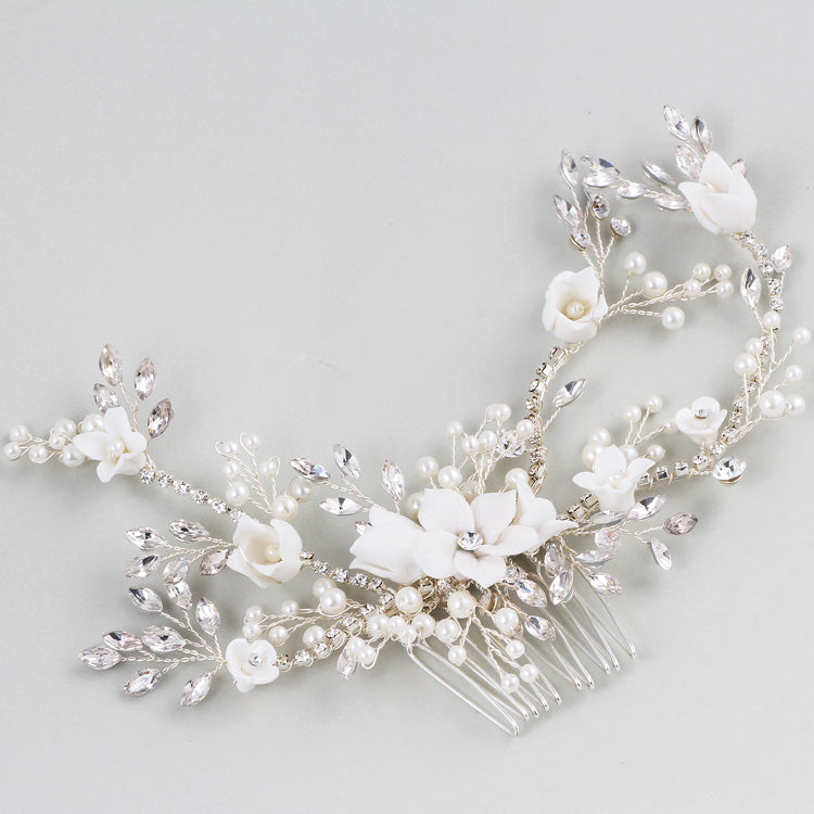 Luxury Ivory Porcelain & Silver Floral Bridal Headpiece Vine