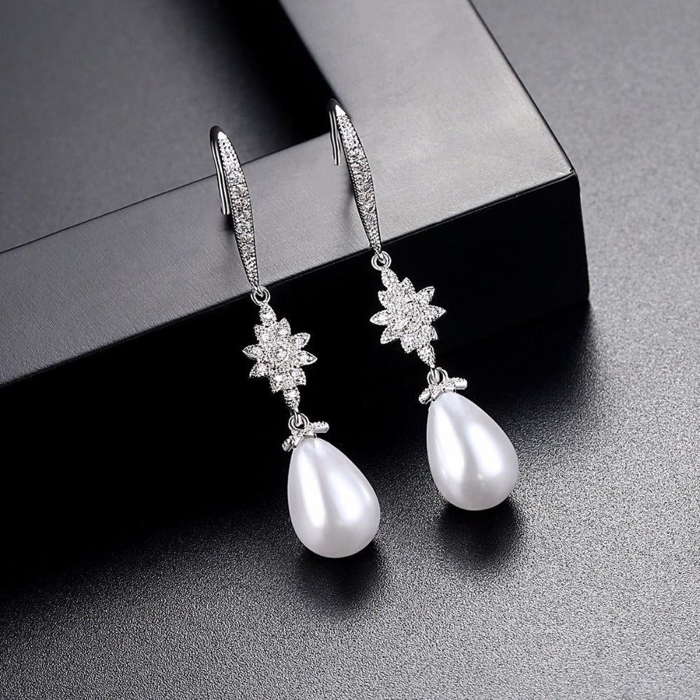 White Pearl & CZ Diamond Hook Back Wedding Earrings