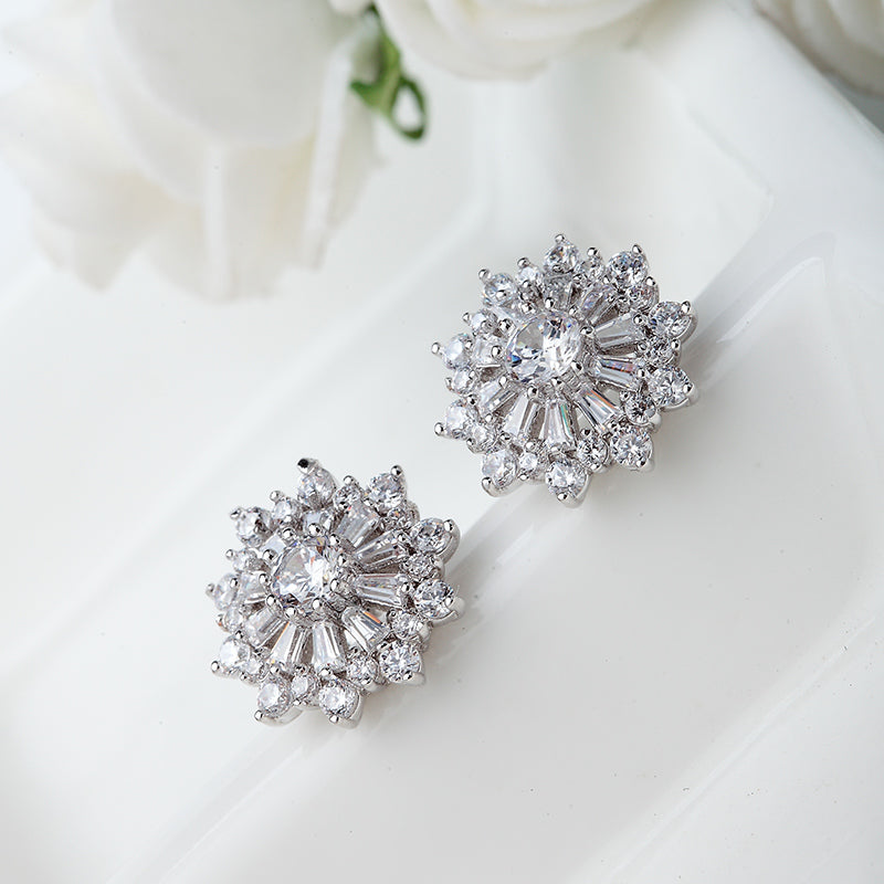 Tiffany Style Floral Design CZ Diamond Stud Earrings