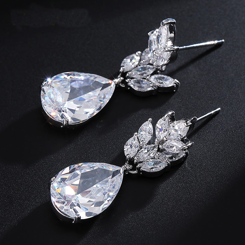Silver Water Drop CZ Diamond Marquise Bridal Earrings