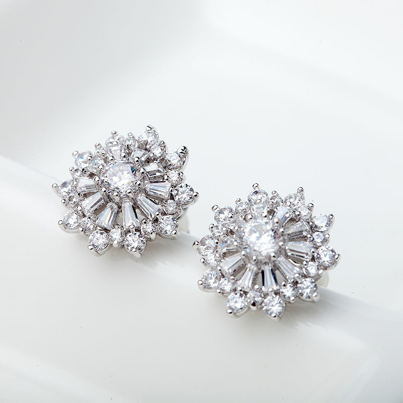 Tiffany Style Floral Design CZ Diamond Stud Earrings