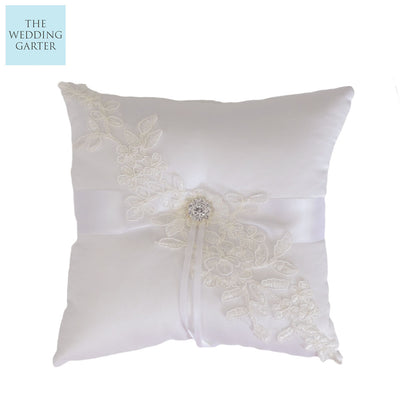 White Satin & Ivory Lace Ring Pillow