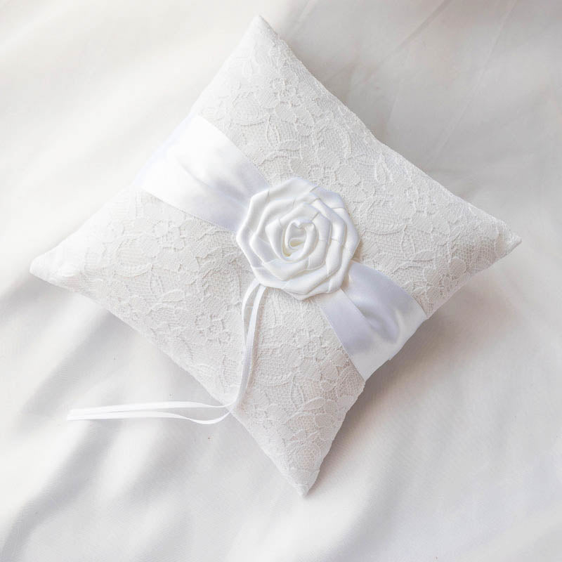 White Lace & Satin Rose Ring Bearer Pillow