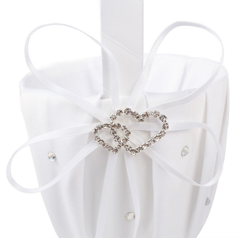 White Satin Crystal Embellished Flower Girl Basket For Wedding