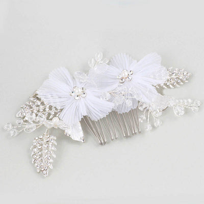 White Organza Floral Crystal Hair Comb