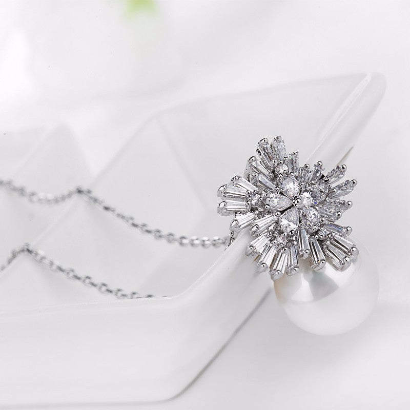 Pearl & CZ Diamond Luxury Pendant Bridal Necklace