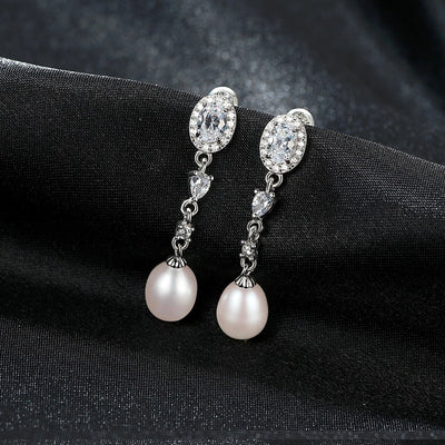 Sterling Silver Real Pearl & CZ Diamond Drop Earrings