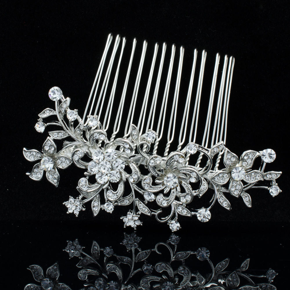 Delicate Silver Floral Rhinestone Bridal Headpiece