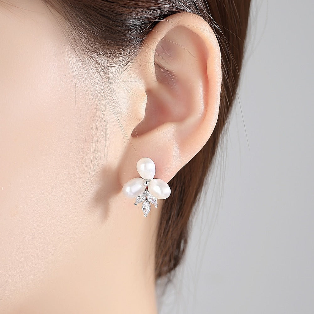 Dainty Freshwater Pearl & CZ Diamond Stud Wedding Earrings